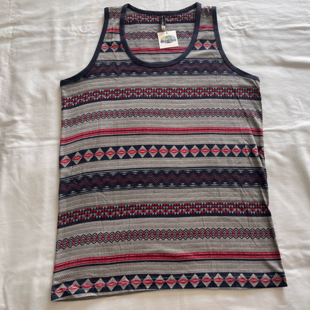Hawk’s Bay Red, Navy, and Gray Striped Tank Top with Geometric Patterns